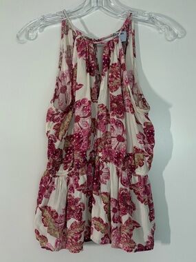 Old Navy Pink and White Floral Summer Halter Peplum Top with Adjustable Halter